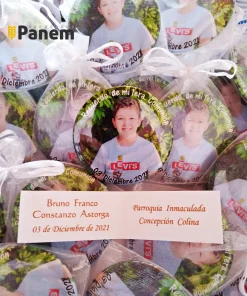Chapitas con foto, tarjeta bolsita organza (Valor por docena)
